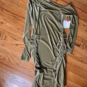 Open Edit Golden Olive Green Ruched Dress NWT